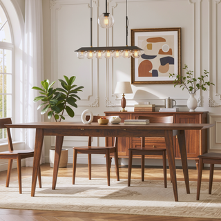 Sunvega Mid Century Modern Expandable Dining Table with Walnut Veneer Top