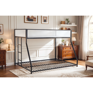 Sunvega Twin Over Full Metal Bunk Bed with Mesh Guard Rail and Stable Ladder