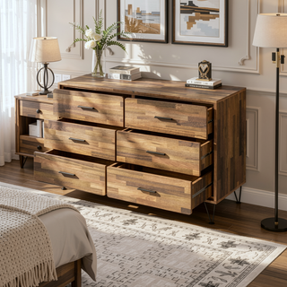 Sunvega Walnut 6-Drawer Dresser with Oak Finish and Spacious Storage Drawers