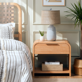 Sunvega Mid-Century Modern Waterfall Nightstand with Drawer and Open Shelf