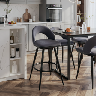 Sunvega Black Metal Swivel Bar Stool with Gray Faux Leather Upholstery