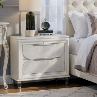 Sunvega Modern Pearl White Finish Nightstand with Large Storage Drawers and Acrylic Legs