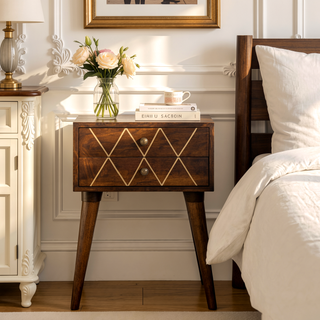 Sunvega Gold and Brown Geo Brass Inlay Bedside Table with Nordic Legs and 2 Drawers