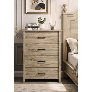 Sunvega 32 Inch Light Oak Finish 4-Drawer Chest with Black Metal Handles