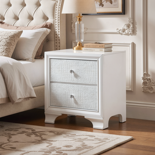 Sunvega Textured Pattern Nightstand with 2 Drawers and Metal Knobs, White
