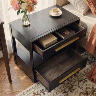 Sunvega Smoked Peppercorn Nightstand with Two Drawers and Display Shelf