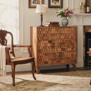 Sunvega Arno Chest with Rhythmic Block-Carved Façade in Golden Teak Finish