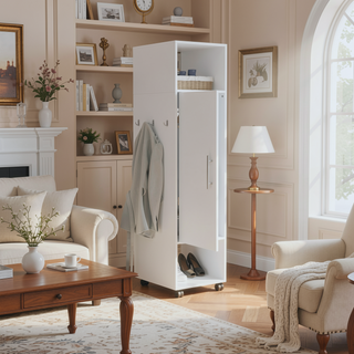 Sunvega Freestanding Wardrobe with Mirror, Shelves, Hanging Rod and Casters for Bedroom