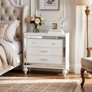 Sunvega Mirror Accented Modern Style Nightstand with Three Spacious Drawers in Silver
