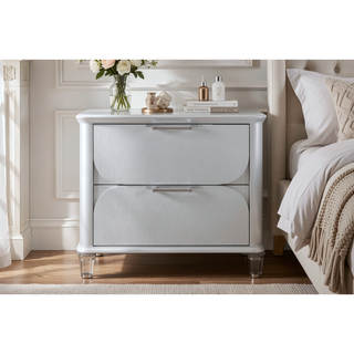Sunvega Sleek Silver Tone Nightstand with Spacious Drawers and Textured Fronts