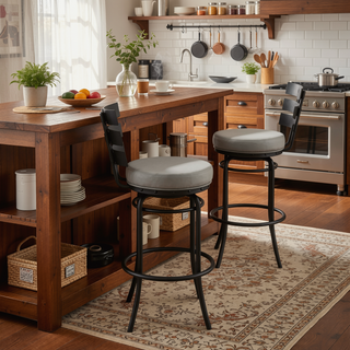 Sunvega Swivel Bar Stool with Gray Faux Leather Upholstery and 360 Degree Rotation