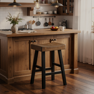 Sunvega Set of Two Brown Saddle Seat Stools with Black Rubberwood Frame