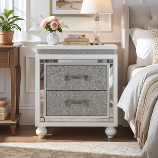 Sunvega White Crushed Crystal Drawer Nightstand with Mirrored Accent