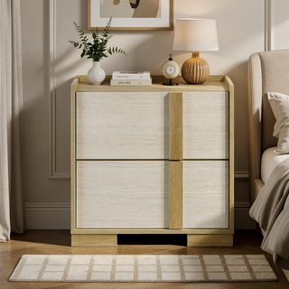 Sunvega Natural Wood and White Melamine 2-Drawer Nightstand Bedside Table