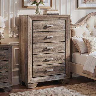 Sunvega Mid-Century Modern 5-Drawer Chest in Washed Taupe with Oak Grain and Metallic Pulls