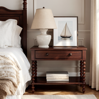 Sunvega Antique Cream Nightstand with Spindle Legs and Spacious Drawer Storage