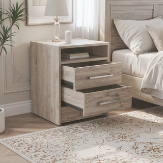 Sunvega Smokey Oak and White Finish Nightstand with Two Drawers and Open Shelf