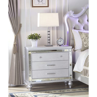 Sunvega Mirror Accented Modern Style Nightstand with Three Spacious Drawers in Silver