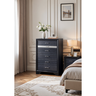 Sunvega Naima Black Finish 5-Drawer Chest with Jewelry Organizer and Silver Knobs