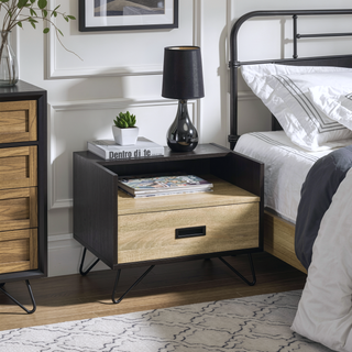 Sunvega Oak and Black Nightstand with Hairpin Legs and One Drawer