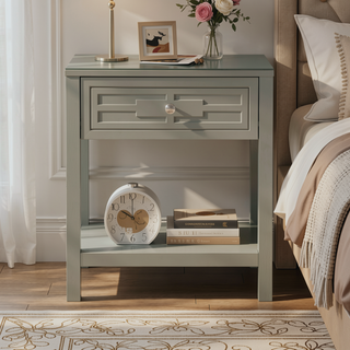 Sunvega Taupe Wooden End Table with Glass Top and Drawer Nightstand