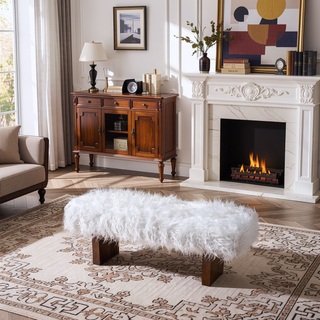 Sunvega White Khaki Fur Bench with Walnut Frame for Ottoman or Seating