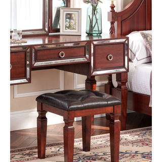 Sunvega Traditional Black Rubber Wood Vanity Set with Tri-Fold Mirror and Tufted Stool