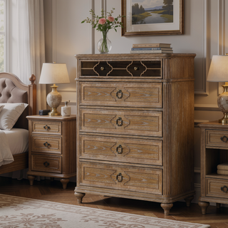 Sunvega Rustic Oak Veneer Nightstand with USB-A and USB-C Charging Station