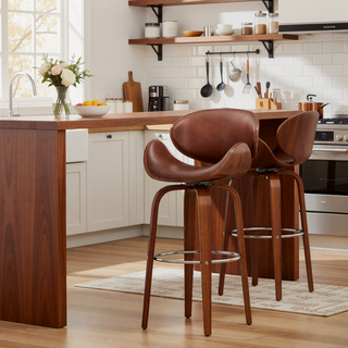Sunvega Mid-Century Modern Swivel Barstool with Faux Leather Upholstery and Walnut Frame