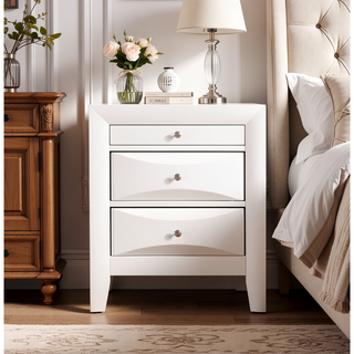 Sunvega Elegant Contemporary White Nightstand with Three Drawers and Curved Fronts