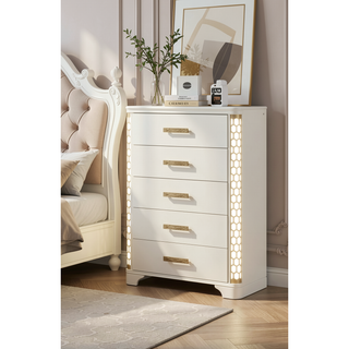 Sunvega Beige Wood 5-Drawer Chest with Gold Accent Pulls and LED Lighting