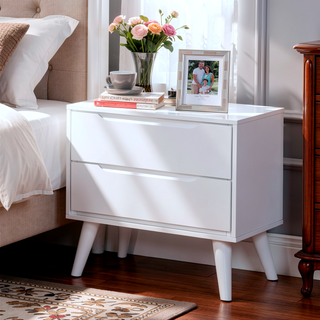 Sunvega Mid-Century Modern Black Solid Wood Nightstand with 2 Drawers and Round Tapered Legs