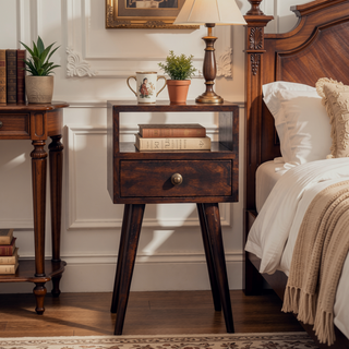 Sunvega Solid Mango Wood Nightstand with Drawer and Shelf on Nordic Legs