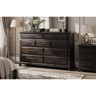 Sunvega 9 Drawer Dresser with Elm Veneers Pine Solids and Mahogany Finish