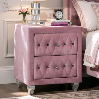 Sunvega Transitional Gray Upholstered Nightstand with Glass Top and Crystal Knobs