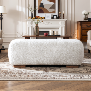 Sunvega Ivory Boucle Bench with Teak Frame for Living Room or Bedroom
