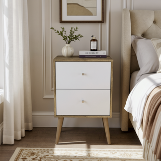 Sunvega Modern White and Brown Nightstand with 2 Drawers for Bedroom