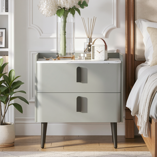 Sunvega Modern Nightstand with 2 Spacious Drawers and Marble-Pattern Tabletop