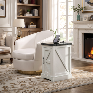 Sunvega Farmhouse Side Table with Charging Station USB Ports and Storage Cabinet