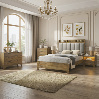 Sunvega Transitional Light Aspen Brown Nightstand with LED Light and USB Ports