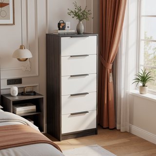 Sunvega White Pine Modern Vertical Five Drawer Dresser for Narrow Spaces