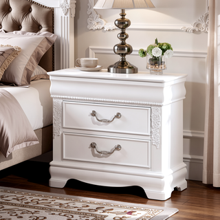 Sunvega White Transitional Nightstand with Faux Wood Carving and Nickel Hanging Pulls