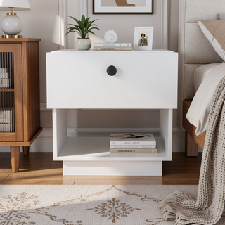 Sunvega Black Single Drawer Nightstand with Open Storage Shelf and Large Top Surface