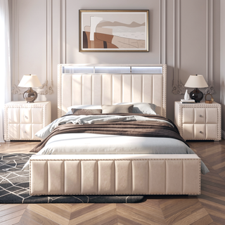 Sunvega Beige Contemporary Nightstand with Crystal Knobs and Vertical Tufting