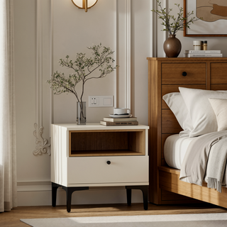 Sunvega Modern Light Oak Nightstand with Drawer and Shelf for Bedroom