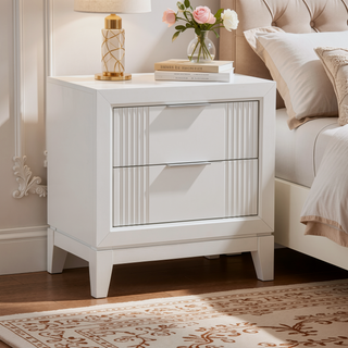 Sunvega Antique White Finish Modern Nightstand with 2 Dovetail Drawers and Reeded Fronts