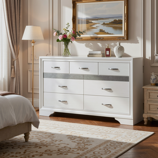 Sunvega White and Silver Glitter Nightstand with Hidden Felt-Lined Jewelry Drawer
