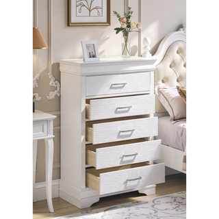 Sunvega Modern White Wood Chest with 5 Drawers and Slat System