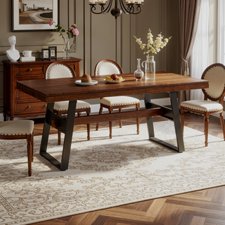 Sunvega Modern Industrial Dark Walnut Wood and Metal Dining Table Seats 8