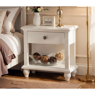 Sunvega Modern White Wooden Nightstand with Drawer and Open Shelf Storage